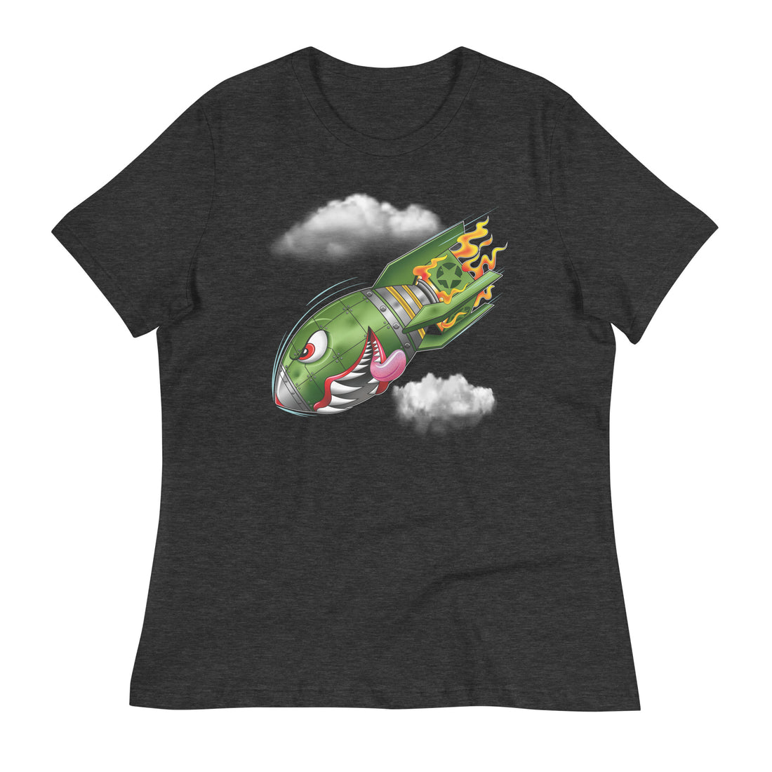 A dark grey t-shirt with a military green neo-traditional bomb tattoo design. The bomb is falling with a look of determination in its eyes, an evil toothy grin, and its tongue hanging out of its mouth. Flames are coming from the back of the bomb, and some clouds are in the background.