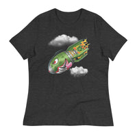 A dark grey t-shirt with a military green neo-traditional bomb tattoo design. The bomb is falling with a look of determination in its eyes, an evil toothy grin, and its tongue hanging out of its mouth. Flames are coming from the back of the bomb, and some clouds are in the background.