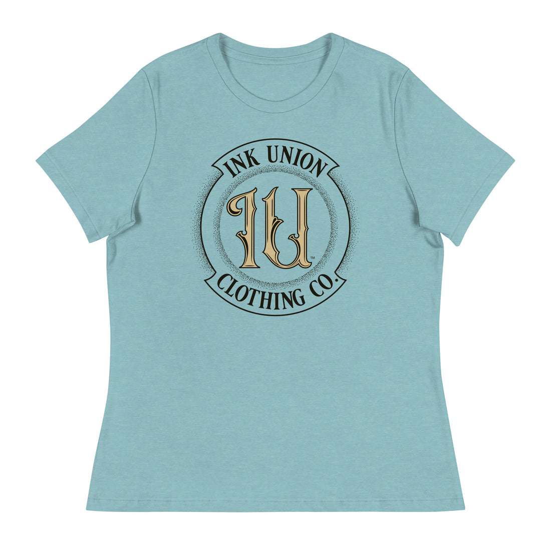 A heather blue t-shirt with the Ink Union Clothing Co Badge logo in black and gold centered on the front of the shirt.