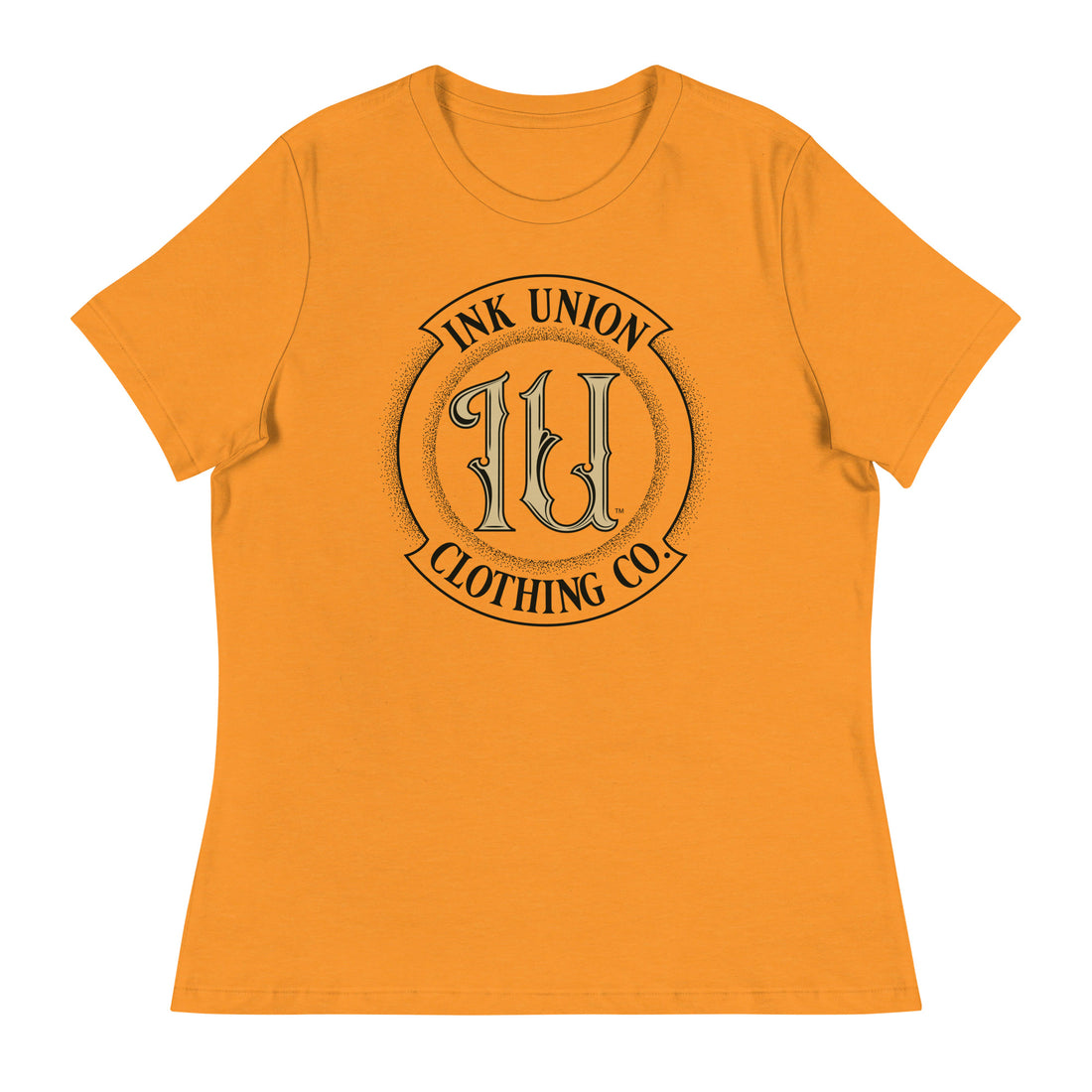 A yellow t-shirt with the Ink Union Clothing Co Badge logo in black and gold centered on the front of the shirt.