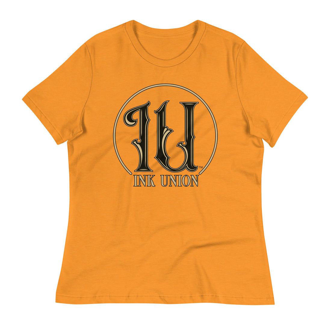Ink Union Clothing Co. yellow t-shirt featuring the Ink Union ring logo in black and gold.