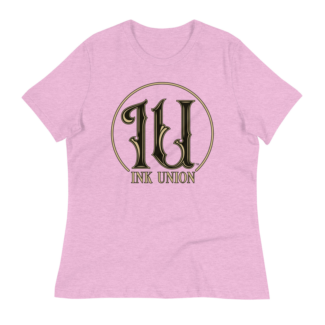 Ink Union Clothing Co. lilac t-shirt featuring the Ink Union ring logo in black and gold.