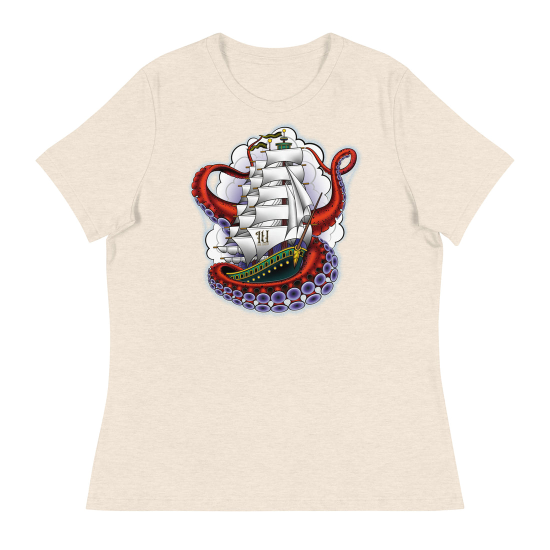 A light brown t-shirt with an old-school clipper ship tattoo design in green and brown with white sails surrounded by octopus tentacles in shades of red with purple tentacles. Behind the ship are purple-tinged clouds.
