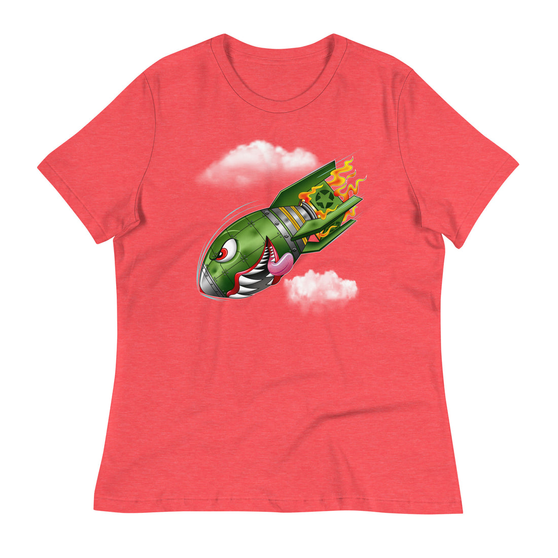 An heather red t-shirt with a military green neo-traditional bomb tattoo design. The bomb is falling with a look of determination in its eyes, an evil toothy grin, and its tongue hanging out of its mouth. Flames are coming from the back of the bomb, and some clouds are in the background.