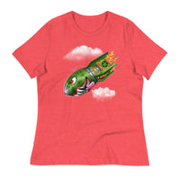 An heather red t-shirt with a military green neo-traditional bomb tattoo design. The bomb is falling with a look of determination in its eyes, an evil toothy grin, and its tongue hanging out of its mouth. Flames are coming from the back of the bomb, and some clouds are in the background.