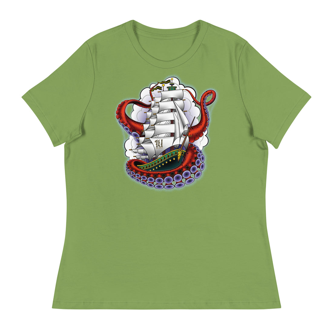 A medium green t-shirt with an old-school clipper ship tattoo design in green and brown with white sails surrounded by octopus tentacles in shades of red with purple tentacles. Behind the ship are purple-tinged clouds.