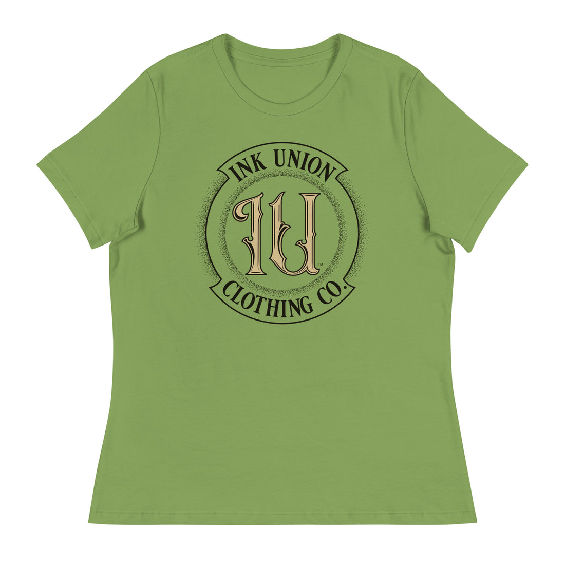 A leaf green t-shirt with the Ink Union Clothing Co Badge logo in black and gold centered on the front of the shirt.