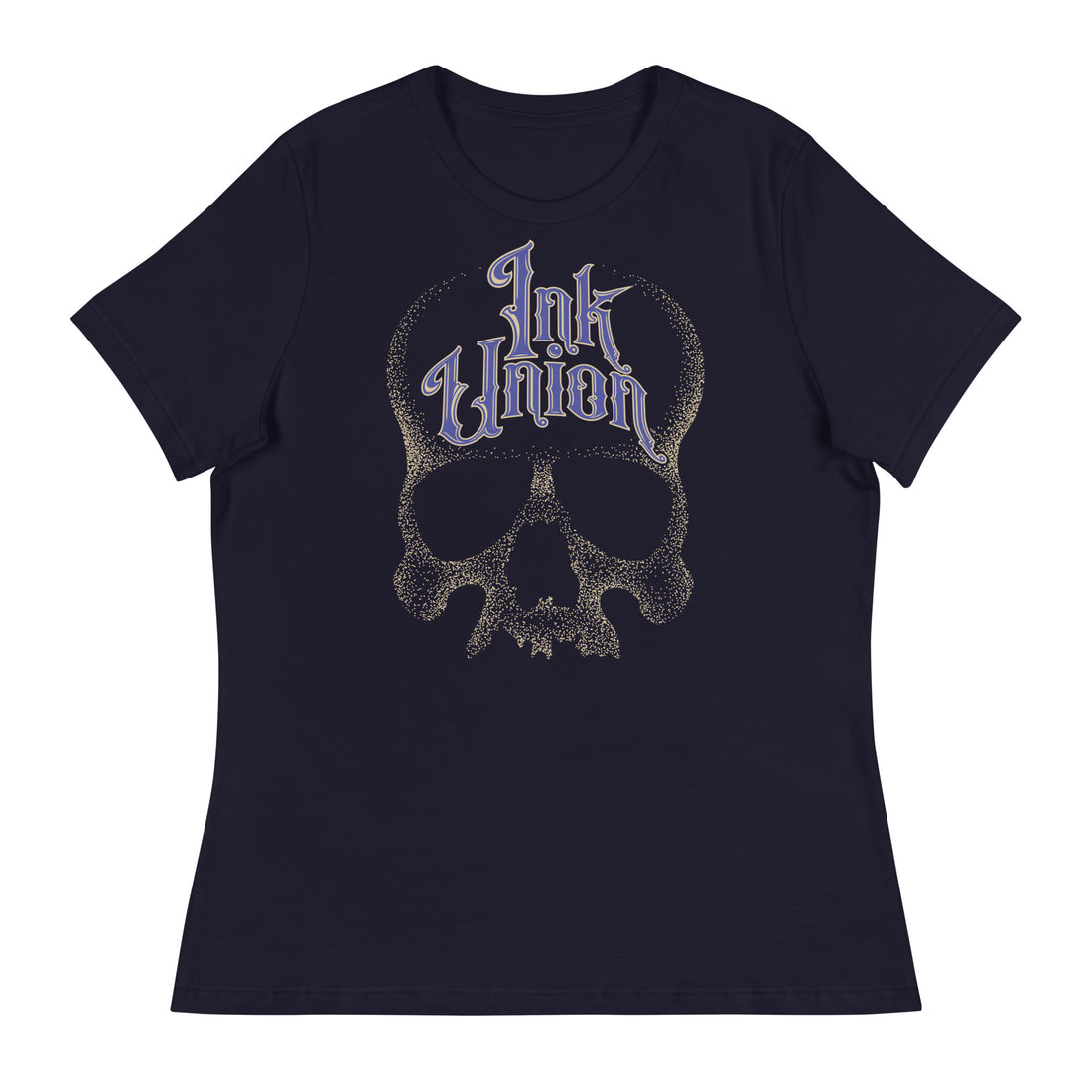 A navy blue t-shirt  featuring a large dot work gold skull centered on the shirt and Ink Union in large fancy gold and blue script across the forehead of the skull