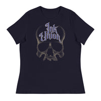 A navy blue t-shirt featuring a large dot work gold skull centered on the shirt and Ink Union in large fancy gold and blue script across the forehead of the skull