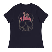 A navy blue t-shirt adorned with a gold dot work human skull  and the words Ink Union in fancy gold and red lettering across the forehead of the skull.