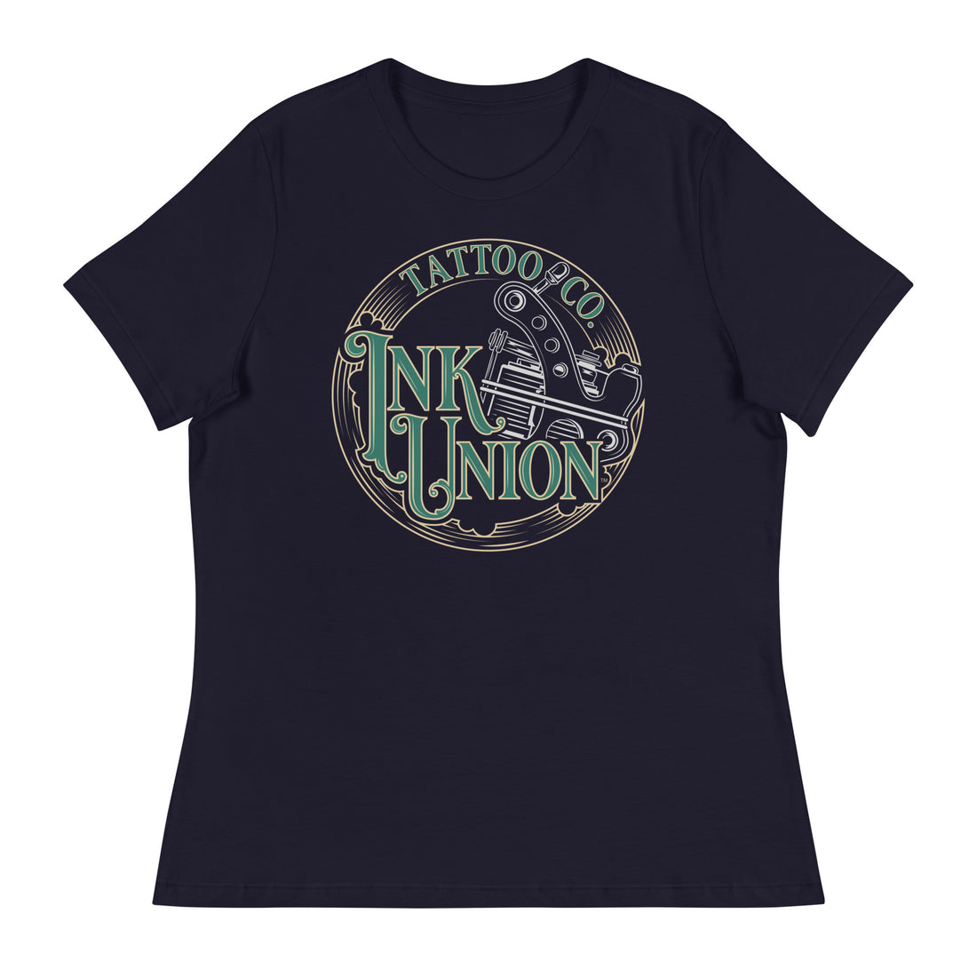 A navy blue t-shirt adorned with the Ink Union Tattoo Co. green and gold with a Silver tattoo machine logo.