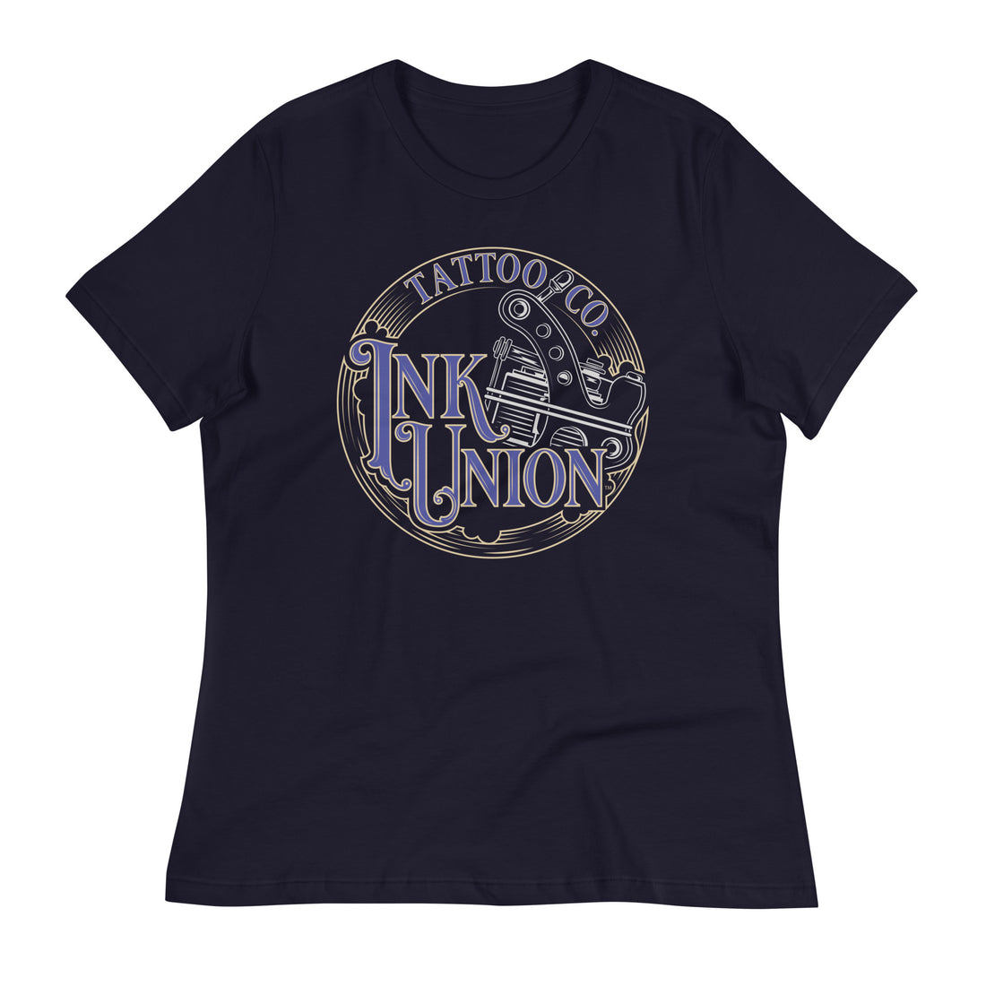 A navy-blue t-shirt adorned with the Ink Union Tattoo Co. blue and gold with a silver tattoo machine logo.