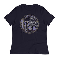 A navy-blue t-shirt adorned with the Ink Union Tattoo Co. blue and gold with a silver tattoo machine logo.
