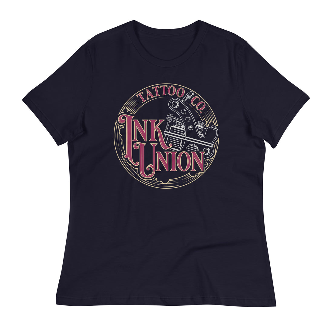 A navy-blue t-shirt adorned with the Ink Union Tattoo Co. red and gold with a silver tattoo machine logo.