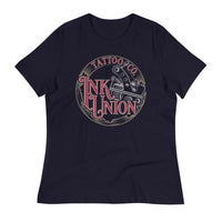 A navy-blue t-shirt adorned with the Ink Union Tattoo Co. red and gold with a silver tattoo machine logo.