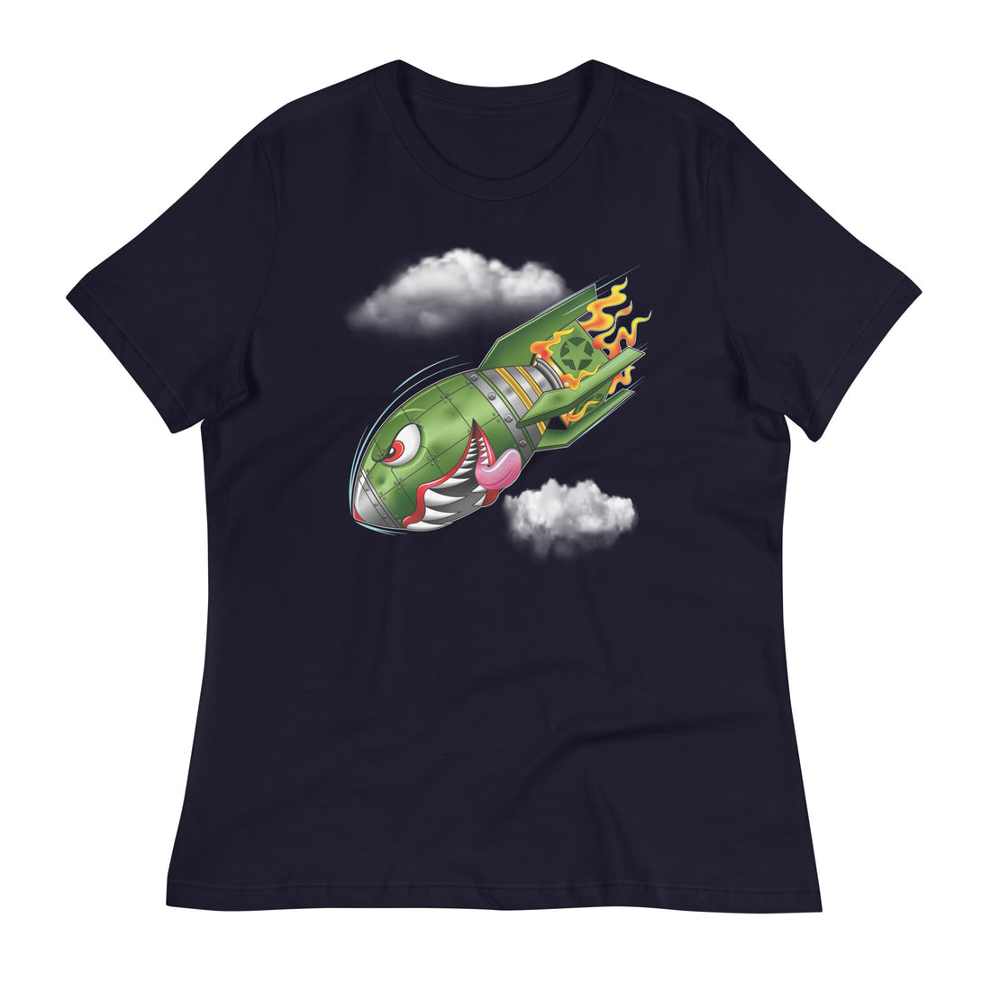 A navy blue t-shirt with a military green neo-traditional bomb tattoo design. The bomb is falling with a look of determination in its eyes, an evil toothy grin, and its tongue hanging out of its mouth. Flames are coming from the back of the bomb, and some clouds are in the background.