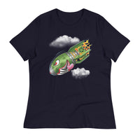 A navy blue t-shirt with a military green neo-traditional bomb tattoo design. The bomb is falling with a look of determination in its eyes, an evil toothy grin, and its tongue hanging out of its mouth. Flames are coming from the back of the bomb, and some clouds are in the background.