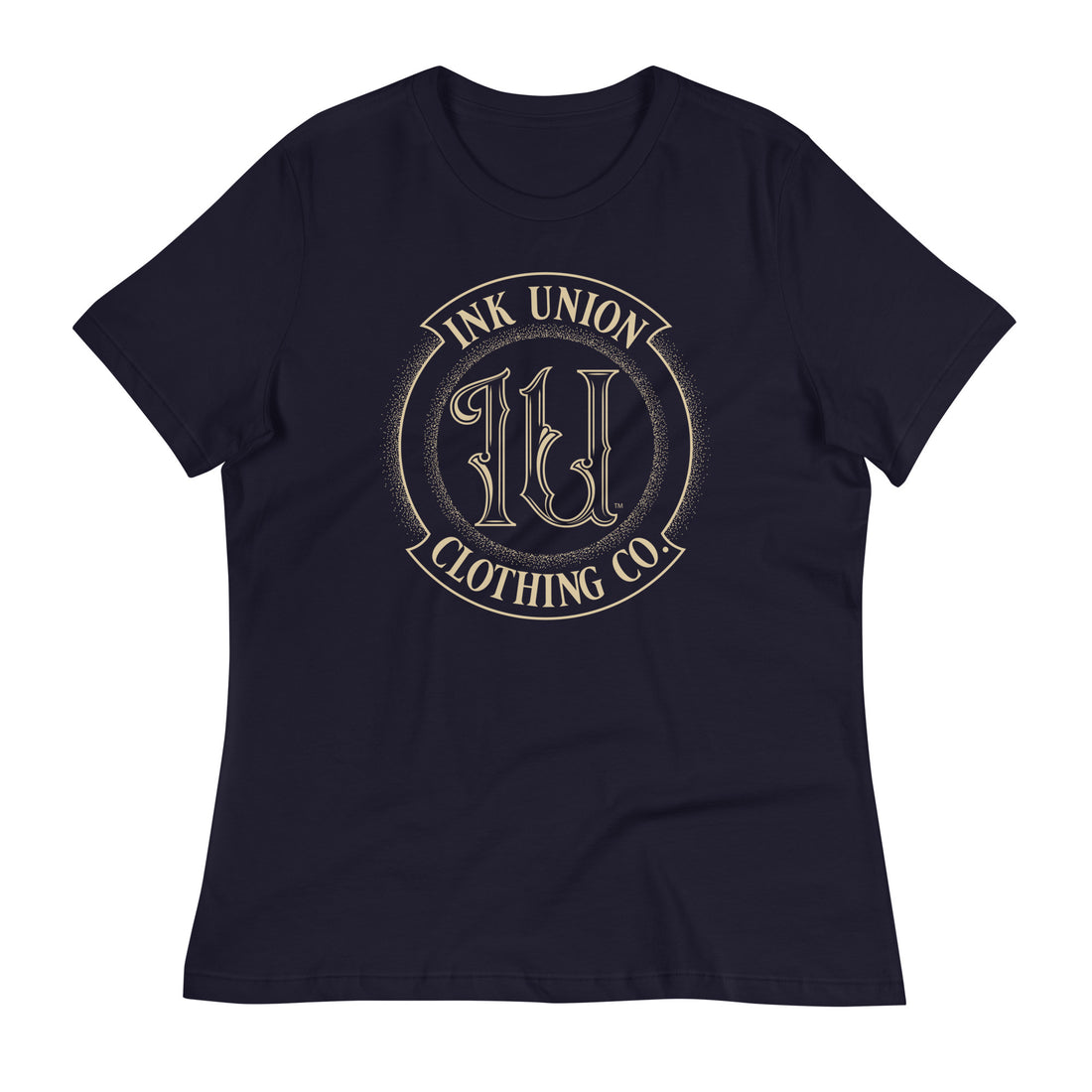 A navy blue t-shirt adorned with the Ink Union Clothing Co gold badge logo containing fancy lettering and dot work gradients.