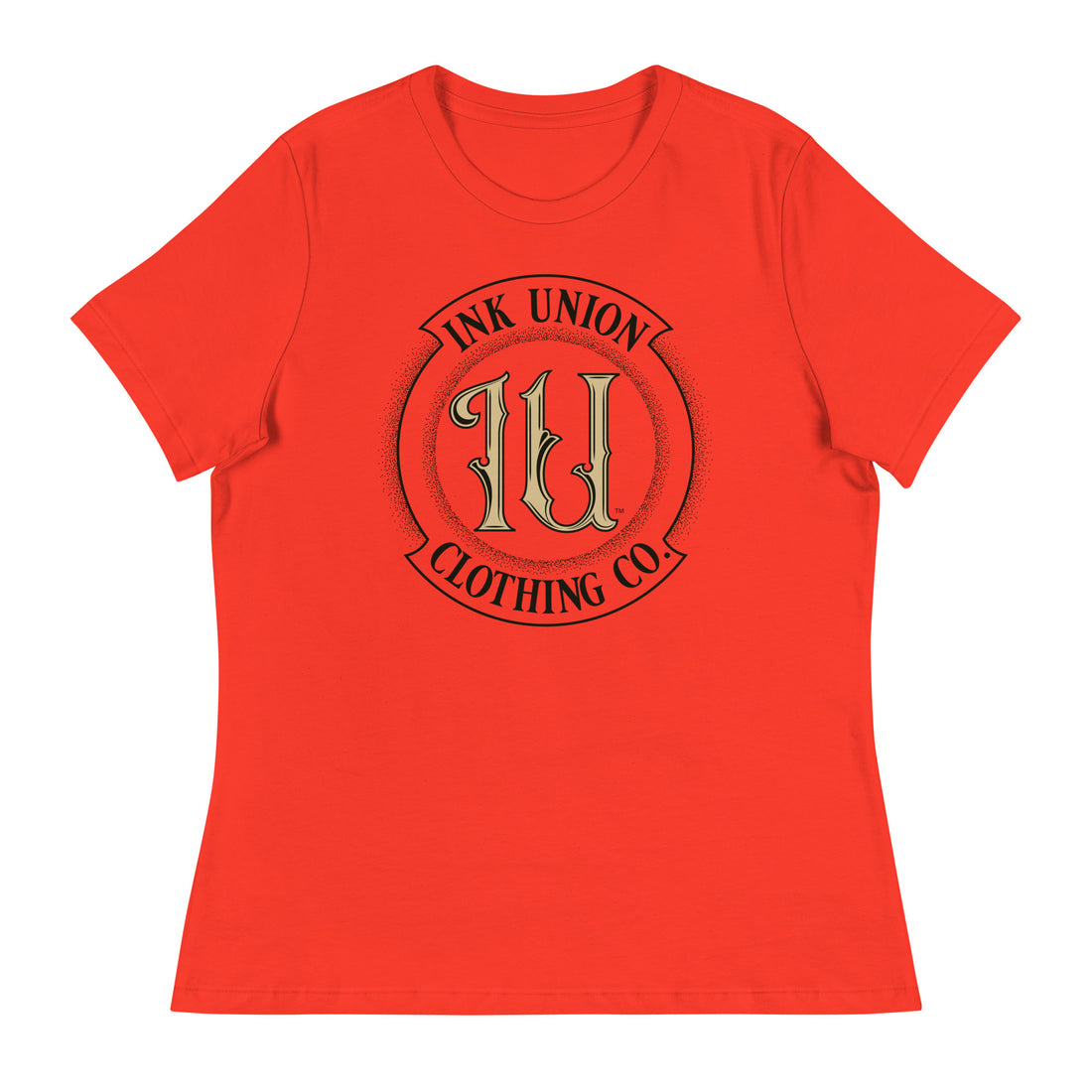 A poppy red t-shirt with the Ink Union Clothing Co Badge logo in black and gold centered on the front of the shirt.