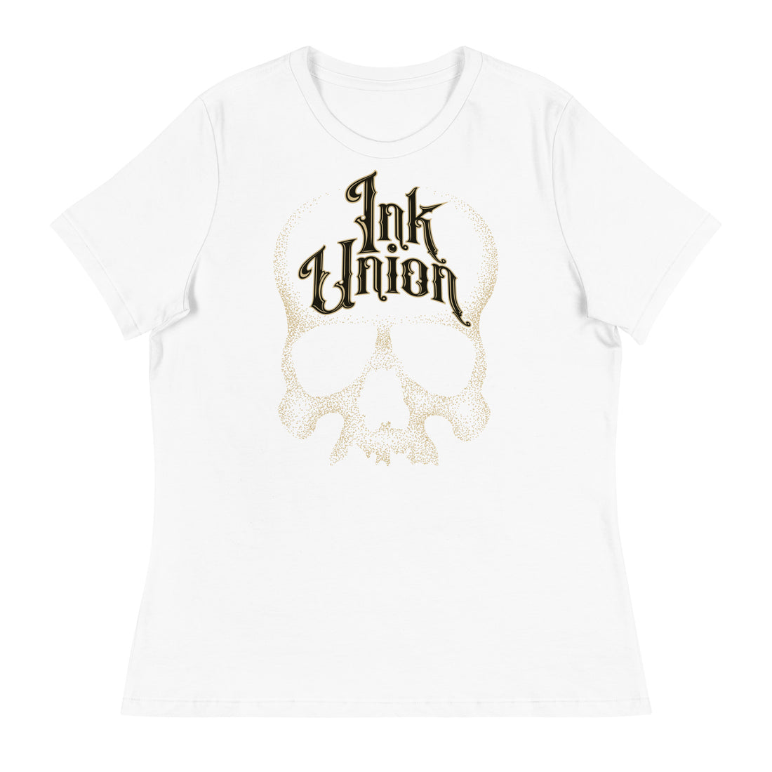 A white t-shirt adorned with a gold dot work human skull  and the words Ink Union in fancy gold and black lettering across the forehead of the skull.