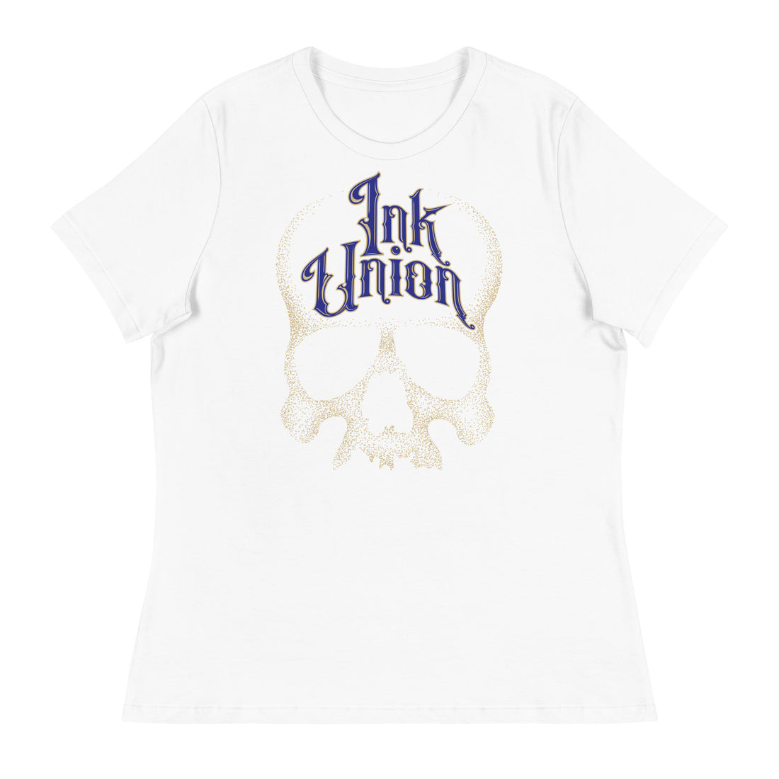 A white t-shirt adorned with a gold dot work human skull  and the words Ink Union in fancy gold and blue lettering across the forehead of the skull.