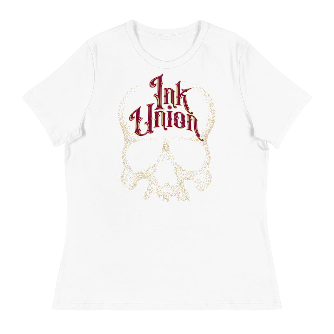 A white t-shirt adorned with a gold dot work human skull  and the words Ink Union in fancy gold and red lettering across the forehead of the skull.