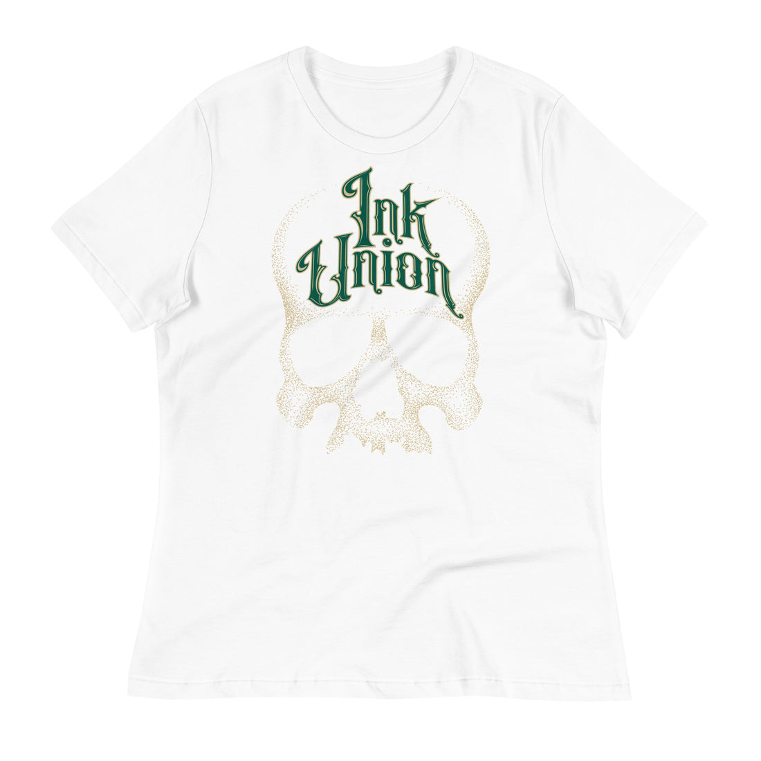 A white t-shirt adorned with a gold dot work human skull  and the words Ink Union in fancy gold and green lettering across the forehead of the skull.