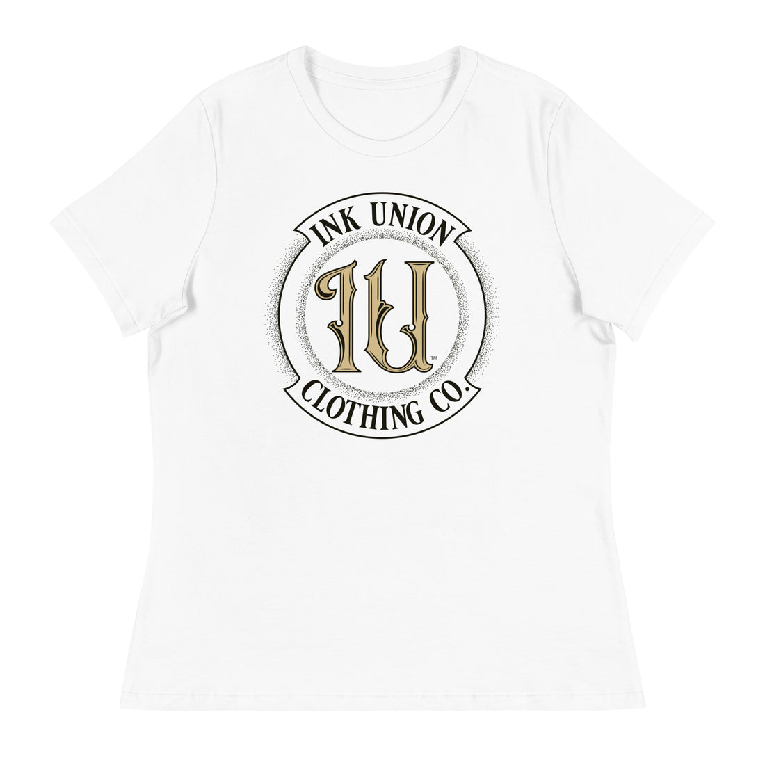 A white t-shirt with the Ink Union Clothing Co Badge logo in black and gold centered on the front of the shirt.