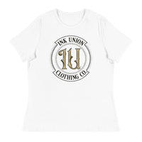 A white t-shirt with the Ink Union Clothing Co Badge logo in black and gold centered on the front of the shirt.