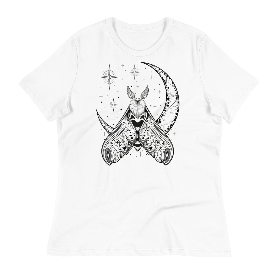 A white t-shirt with a black crescent moon and stars with an ornate moth in front of the bottom of the moon facing upward.