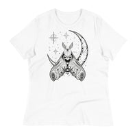 A white t-shirt with a black crescent moon and stars with an ornate moth in front of the bottom of the moon facing upward.