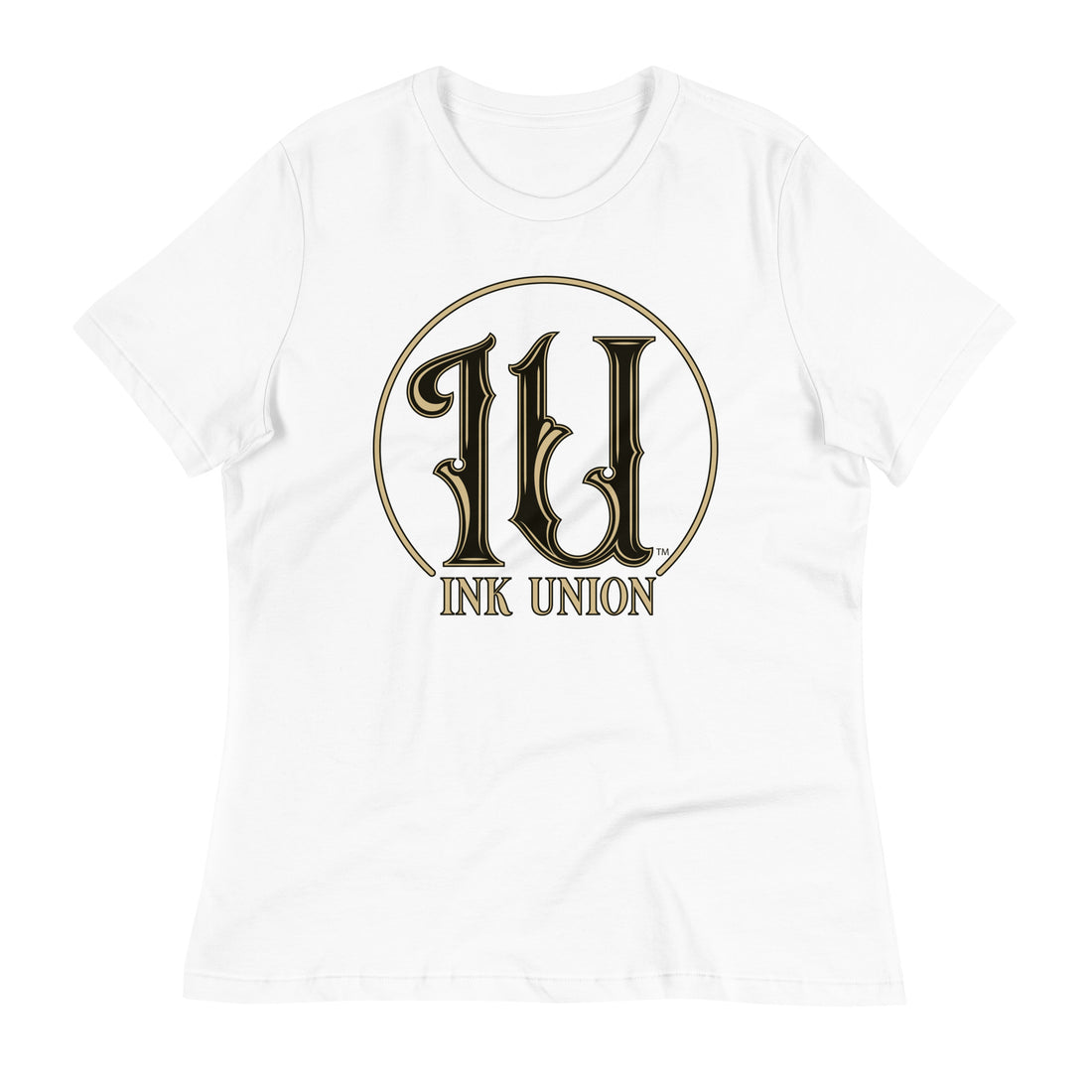 Ink Union Clothing Co. white t-shirt featuring the Ink Union ring logo in black and gold.