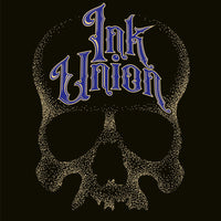 Ink Union Clothing Co. design with black background featuring a large dot work gold skull centered on the shirt and Ink Union in large fancy gold and blue script across the forehead of the skull
