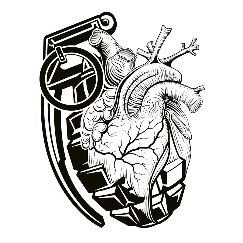 Ink Union Clothing Co. design with a white background an a grenade morphing into an anatomical heart in black