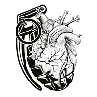 Ink Union Clothing Co. design with a white background an a grenade morphing into an anatomical heart in black
