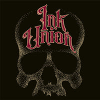 Ink Union Clothing Co. design with black background featuring a large dot work gold skull centered on the shirt and Ink Union in large fancy gold and red script across the forehead of the skull