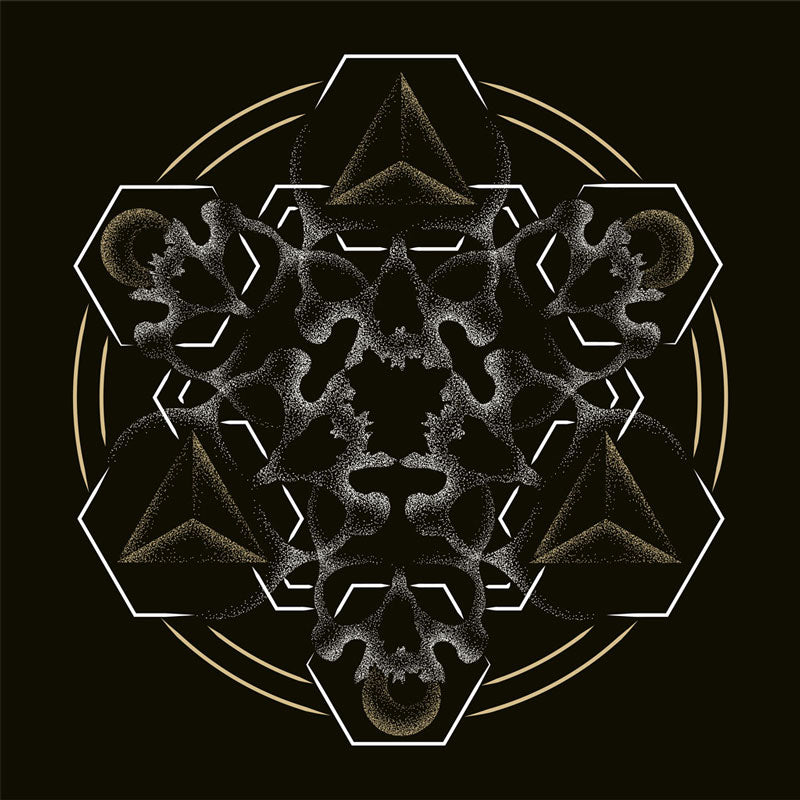 A black background with  adorned with a gold dot work human skull and the words Ink Union in fancy gold and black lettering across the forehead of the skull.
