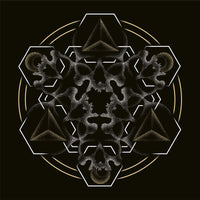 A black background with  adorned with a gold dot work human skull and the words Ink Union in fancy gold and black lettering across the forehead of the skull.