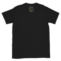 back of a black t-shirt with the ink union clothing co. gold badge logo at three inches big positioned just below the collar