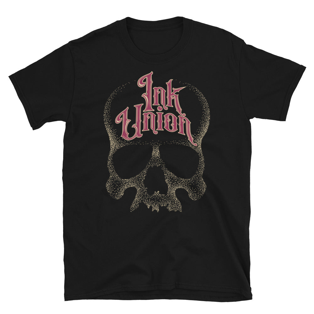 Ink Union Clothing Co. unisex black t-shirt  featuring a large dot work gold skull centered on the shirt and Ink Union in large fancy gold and red script across the forehead of the skull