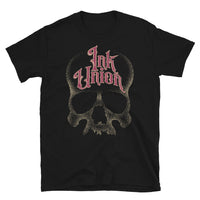 Ink Union Clothing Co. unisex black t-shirt featuring a large dot work gold skull centered on the shirt and Ink Union in large fancy gold and red script across the forehead of the skull