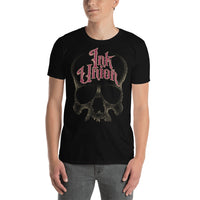 Ink Union Clothing Co. unisex black t-shirt featuring a large dot work gold skull centered on the shirt and Ink Union in large fancy gold and red script across the forehead of the skull