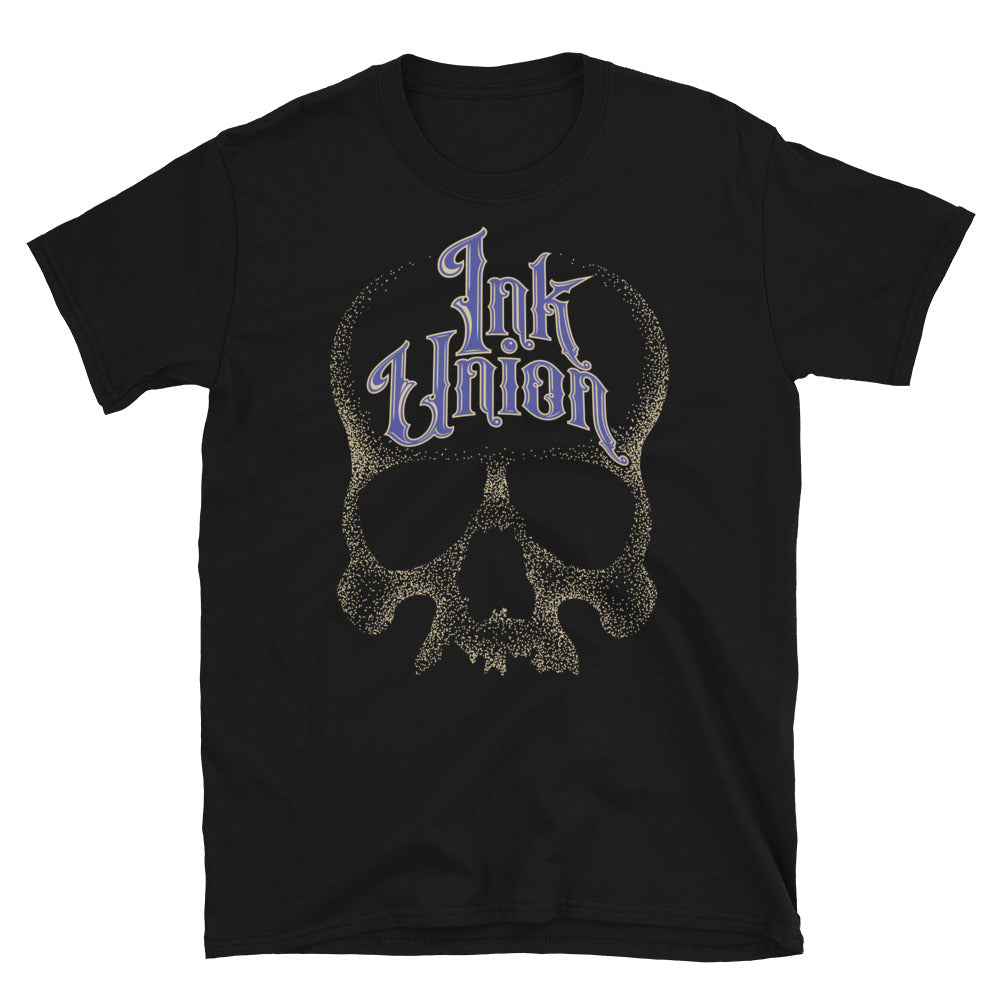 Ink Union Clothing Co. unisex black t-shirt  featuring a large dot work gold skull centered on the shirt and Ink Union in large fancy gold and blue script across the forehead of the skull
