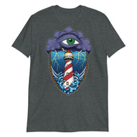 A dark grey t-shirt with an old school eye of the storm tattoo design of large dark purple storm clouds at the top of the design with a green eye in the middle of the clouds.  Below the clouds is an oval shape with brown rope. Inside the rope are stormy seas and a lighthouse with lightning striking in the background.  At the bottom of the design, some of the waves are spilling out of the rope barrier. The sky and seas are hues of blue; the lighthouse is white and red striped like a barber pole.