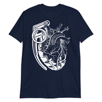A navy blue t-shirt with a black grenade of sold color and line work morphing into an anatomical heart drawn using line work for shading at the top right of the image.