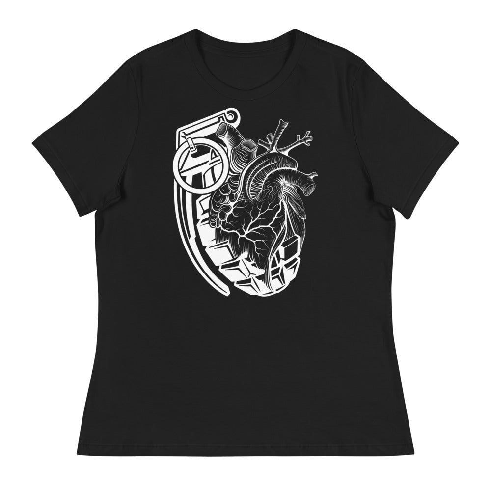 A black t-shirt with a white grenade of sold color and line work morphing into an anatomical heart drawn using line work for shading at the top right of the image.