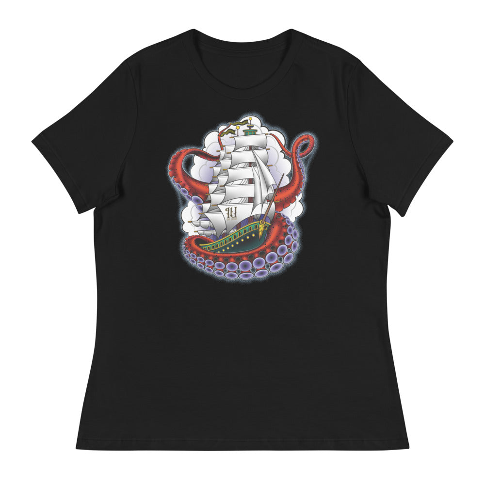 Ink Union Clothing Co. women's relaxed fit black t-shirt featuring a clipper ship surrounded by octopus tentacles with storm clouds in the background