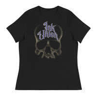 Ink Union Clothing Co. women's relaxed fit black t-shirt featuring a large dot work gold skull centered on the shirt and Ink Union in large fancy gold and blue script across the forehead of the skull