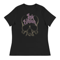 Ink Union Clothing Co. women's relaxed fit black t-shirt  featuring a large dot work gold skull centered on the shirt and Ink Union in large fancy gold and purple script across the forehead of the skull