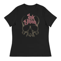 Ink Union Clothing Co. women's relaxed fit black t-shirt  featuring a large dot work gold skull centered on the shirt and Ink Union in large fancy gold and red script across the forehead of the skull